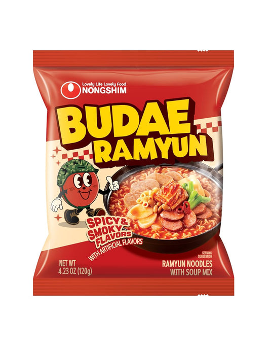 Nongshim Budae Ramyun, Korean Army Stew-Style Instant Noodles with Spicy Chilli Bean Broth, Chewy Noodles 4.23 Oz (Pack of 4)