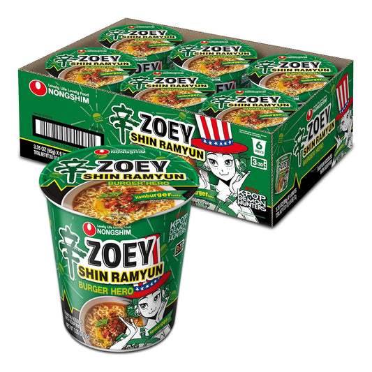 Nongshim Shin Ramyun Burger Hero, Spicy Instant Noodle Cup, Hamburger Taste, 3.35 oz (Pack of 6)