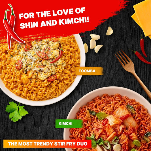 Nongshim Shin Ramyun Toomba & Shin Kimchi Stir Fry Variety Pack, Creamy & Spicy, Viral Toomba Flavored, Tangy Sweet and Spicy Kimchi, Viral Stir Fry Bundle, 8 Packs