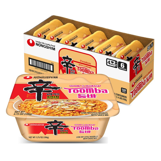 Nongshim Shin Ramyun Toomba Noodles Square Bowl, Creamy Korean Mac and Cheese Style Noodles, Gentle Kick of Spice, Korean Stir Fry Style Instant Noodles, Microwaveable, 3.73 oz (Pack of 6)