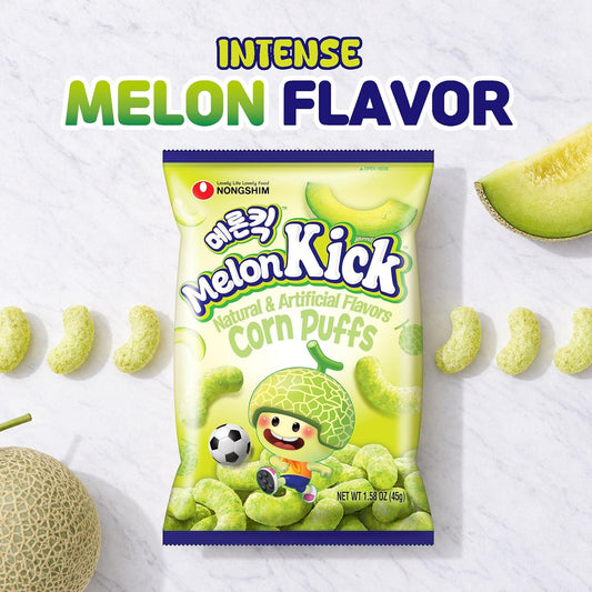 Nongshim Melon Kick Puff Snack - Sweet and Crispy Corn Puff with Creamy Melon Flavor - Crunchy and Smooth Fruit Puff, Light Korean Snack, 1.58 oz (Pack of 20)